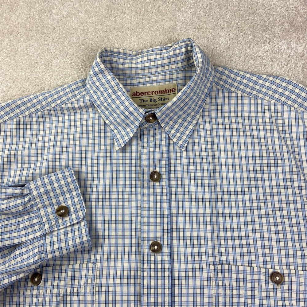 Vintage Abercrombie The Big Shirt Men M Blue Plaid Button Down Long Sleeve